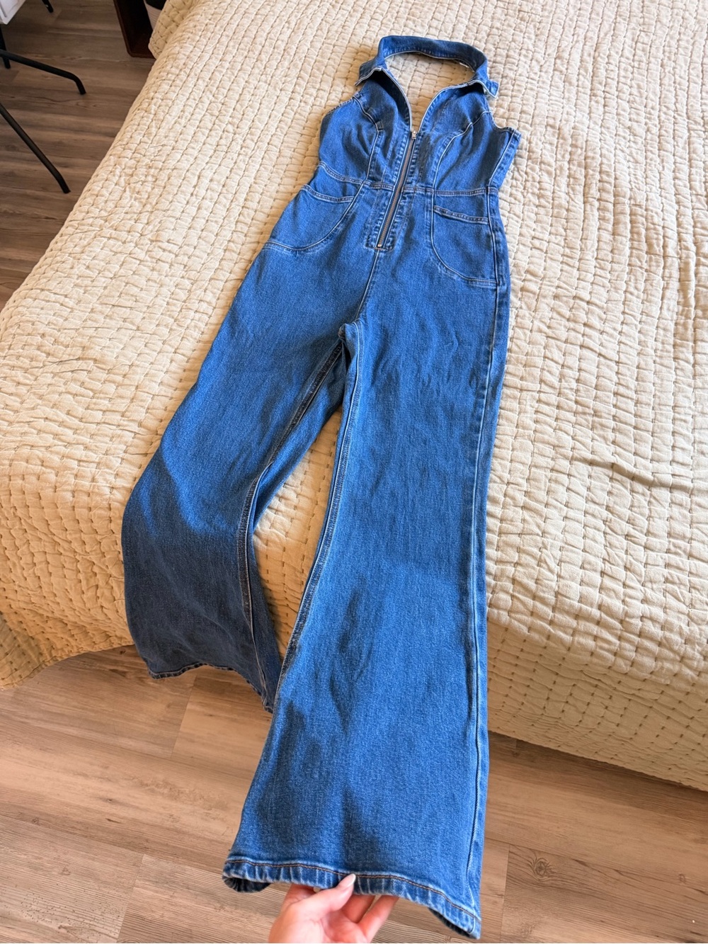 Showpo Blue Denim Wide-Leg Jumpsuit with Front Zip